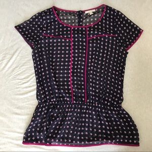 Pleione navy patterned peplum blouse